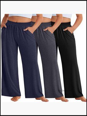 Plus Size Wide Leg Pants 3 Pack Loose Fit Palazzo Lounge Yoga High Waist Casual